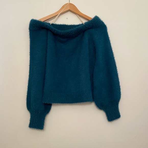Off the shoulder fuzzy blue sweater top - Picture 4 of 4